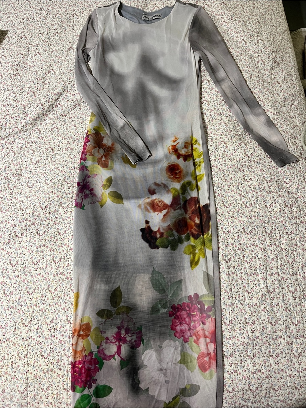 Long Sleeve Gray Floral Mesh Maxi Dress. Medium